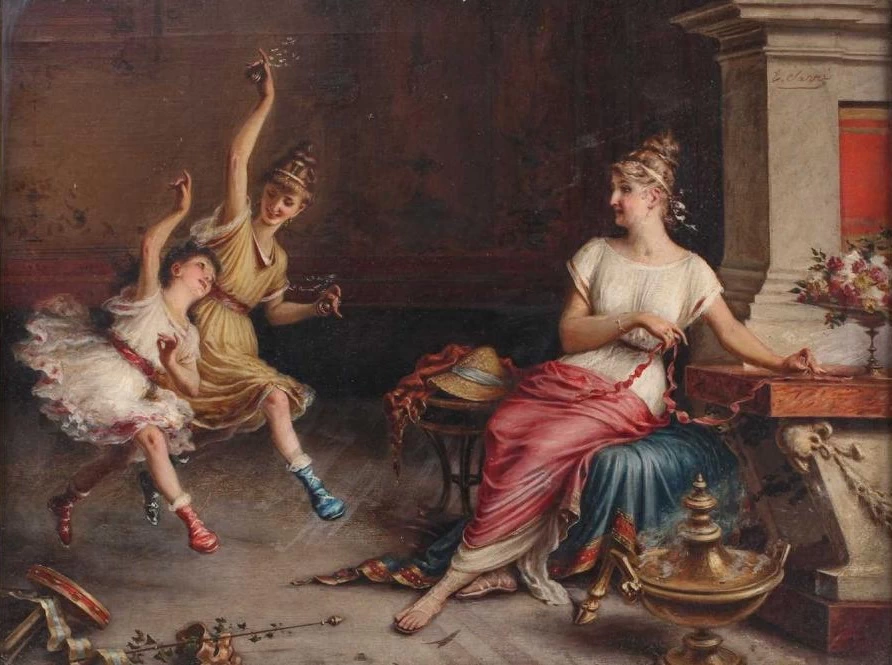 Scena di famiglia in un interno, due bambini che ballano davanti alla madre